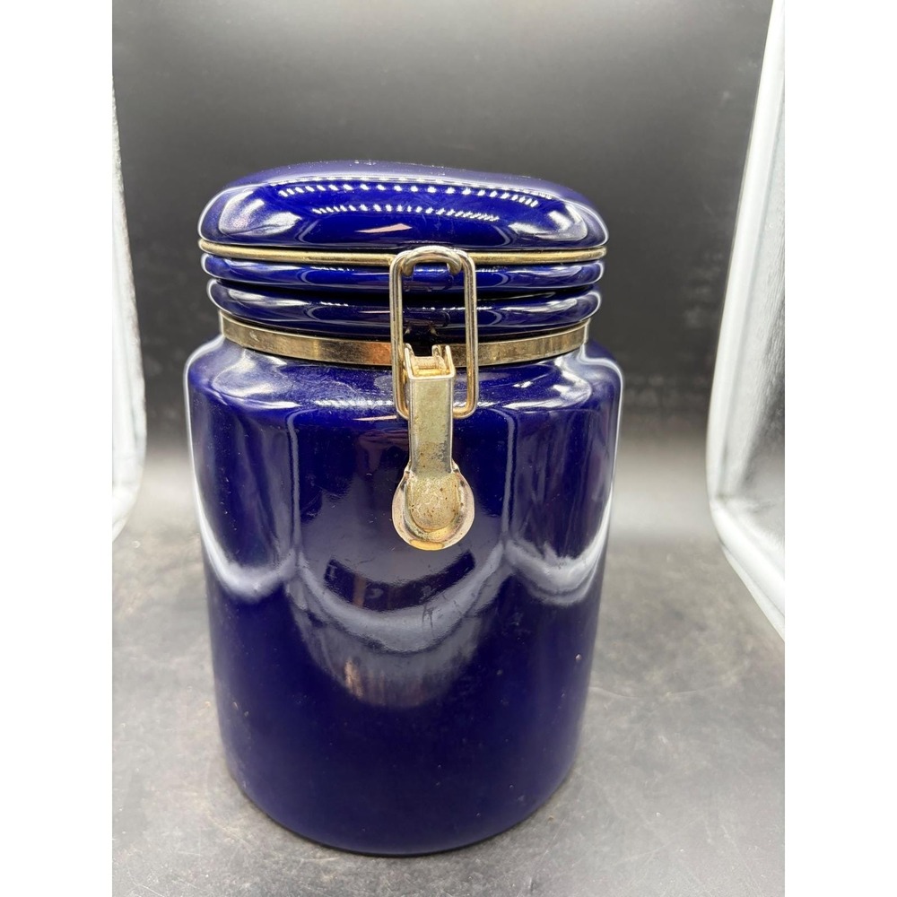 Vintage Cobalt Blue Ceramic Canister‎ with Gold Tone Bale Flip Top Locking Lid
